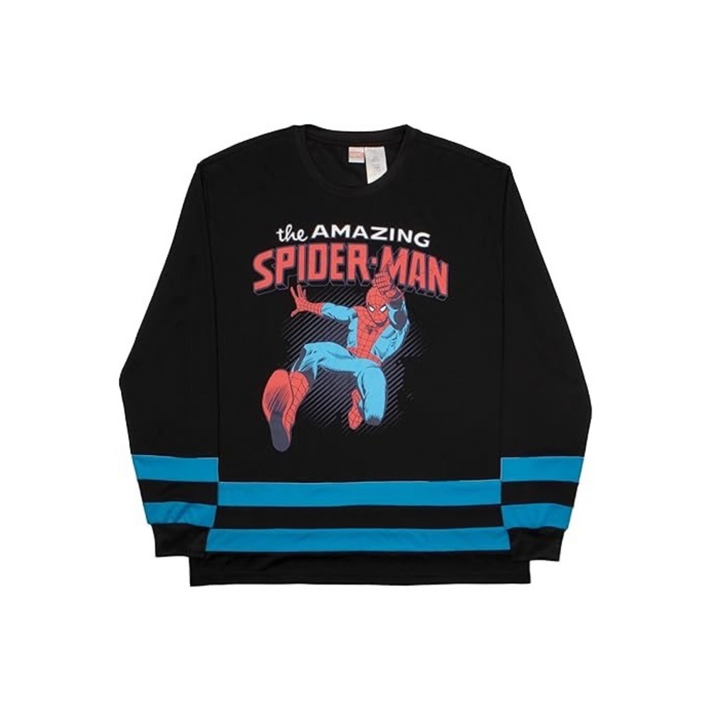 NWT Marvel Spider-Man Men's Hockey Jersey Black Blue Long Sleeve Graphic Tee